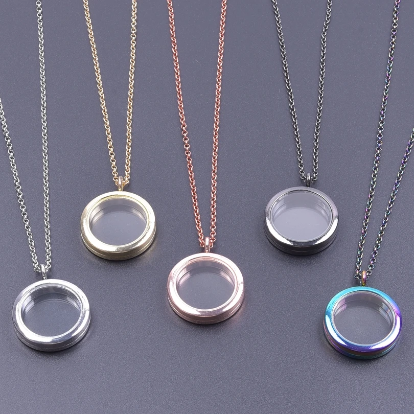 25-40mm Round Glass Locket Pendant Necklace Screw Charm Lockets For Women Men Necklace Long Chain Around The Neck Floating Charm