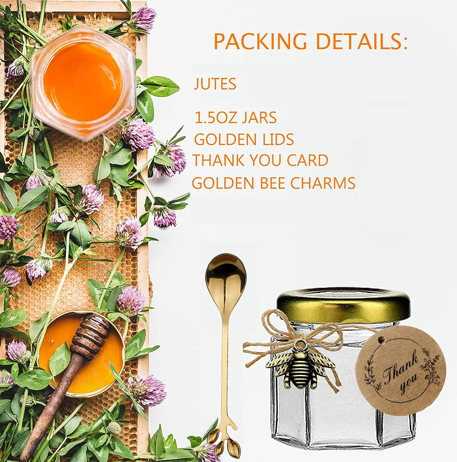 Hexagon Mini Honey Jars with Lids, Golden Spoon,Honey Jar Glass Spice Jars for Baby Shower, Wedding Favors, Party Favors, DIY