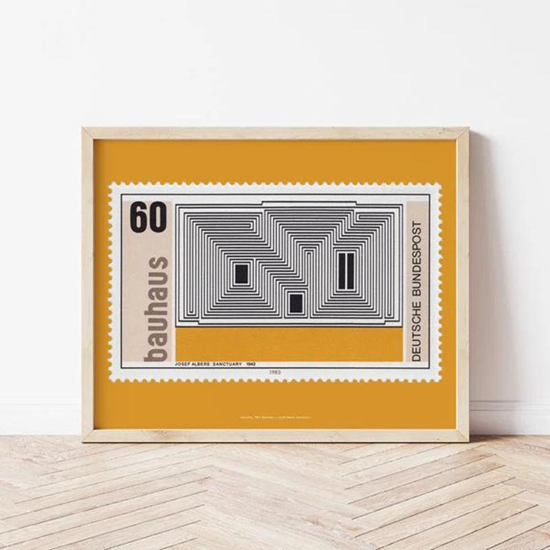 Yellow Josef Albers Bauhaus exhibition print, Bauhaus art poster, vintage German stamp art, mid-century modern home decor