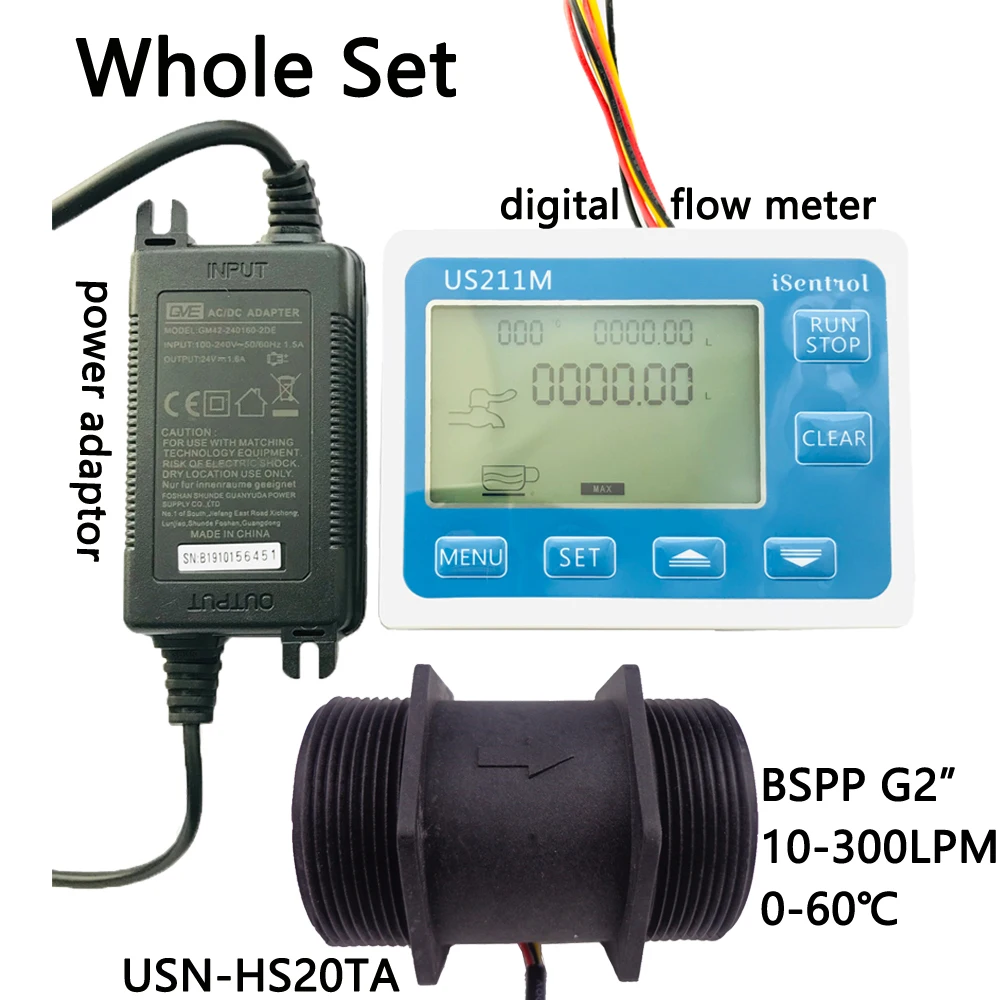 

US211M Digital Flow Meter & USN-HS20TA PA66 Plastic Nylon Hall Flow Sensor Measurement 10-300L/min BSPP G2" Dijiang Saier