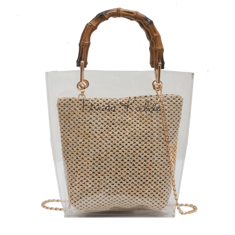 Bamboo Knot Design Handle Transparent Rattan Straw Crossbody Bags for Women 2021 Summer Fashion Chain Shoulder Handbags Totes