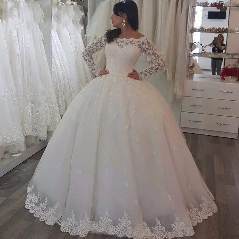 

Long Sleeve Lace Wedding Dresses Off the Shoulder Tulle Bridal Gowns Sweep Train Ball Gown Wedding Party Dress