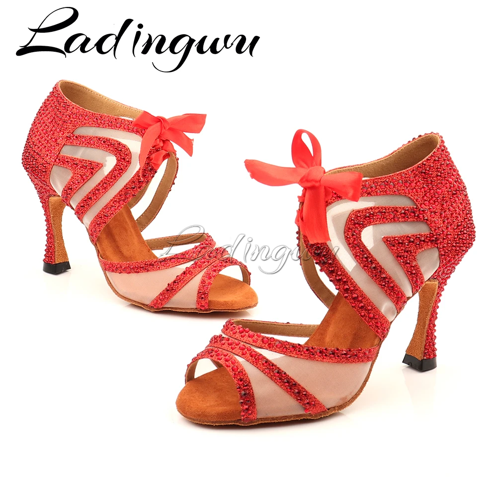 Ladingwu Dance Shoes Women Latin Glitter and Mesh Ballroom Dance Boots for Girls Salsa Dance Shoes Rhinestone Blue Red Black