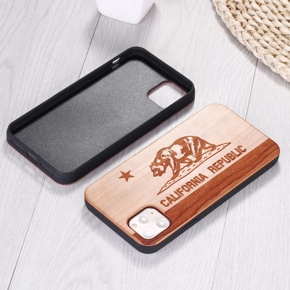 California Republic Bear Real Wood Phone Case Coque Funda For iPhone 14 14ProMax 14Plus 13Promax 13 12 11