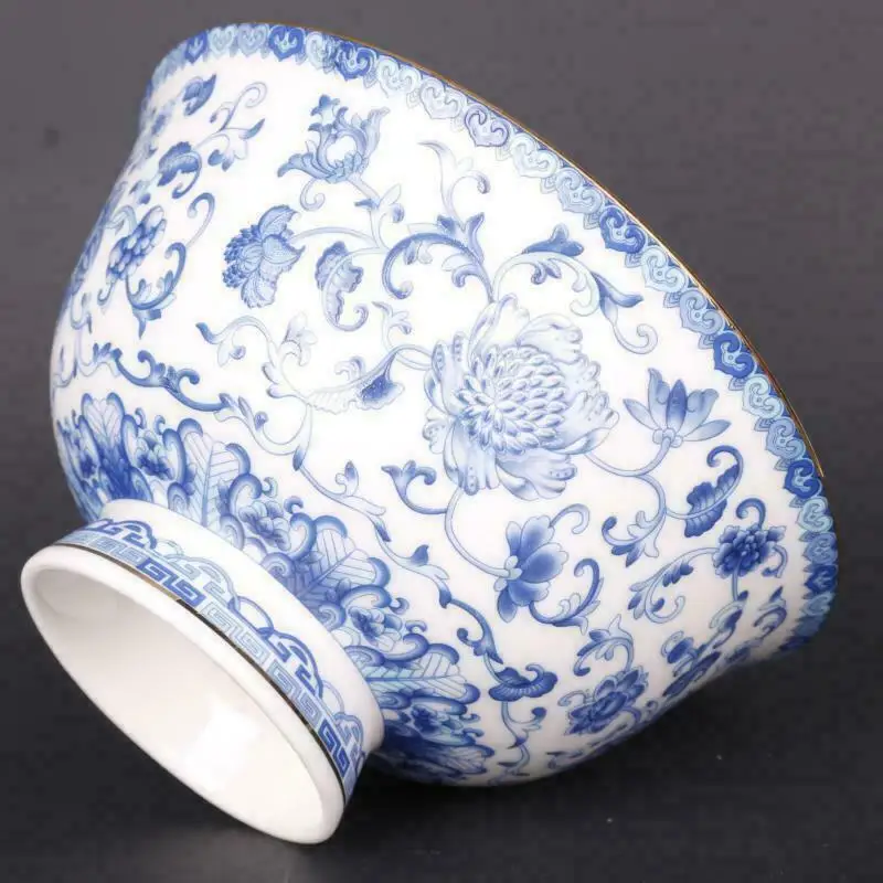 Chinese Blue and White Porcelain Phnom Penh Eight Treasures Auspicious Edged Lotus Design Bowl Crafts Ornaments