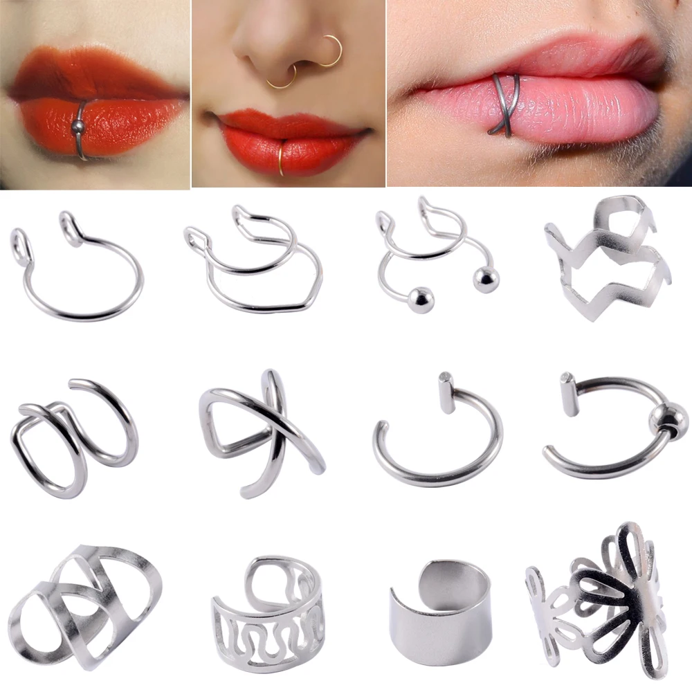 Clipe De Aço Cirúrgico Nos Brincos, Cartilagem De Hélice De Orelha Conch Cuff, Tamanho Ajustável Nariz Hoop, Non Pierce Lip Ring, Jóias Falsas, 1Pc