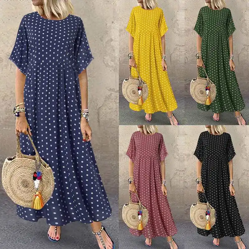 ZANZEA 2023 Fashion Polka Maxi Dress Women\'s Print Sundress Casual O Neck Summer Long Vestidos Female Pleated Robe