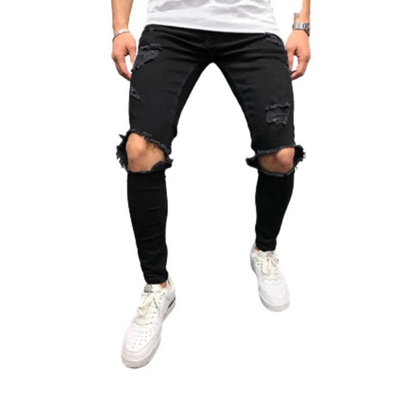 

New Men Denim Male Black Pencil Pants Jean Hole Jeans Casual Stretch Skinny Trousers Homme Slim Biker Outwears Summer Hip Hop