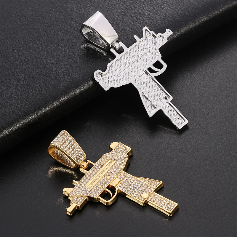 2 Style Gothic Gun Cuba chain Pendant Necklace Iced Out Crystal Gold/Silver Colour Charm Necklace Submachine Hip Hop Jewelry