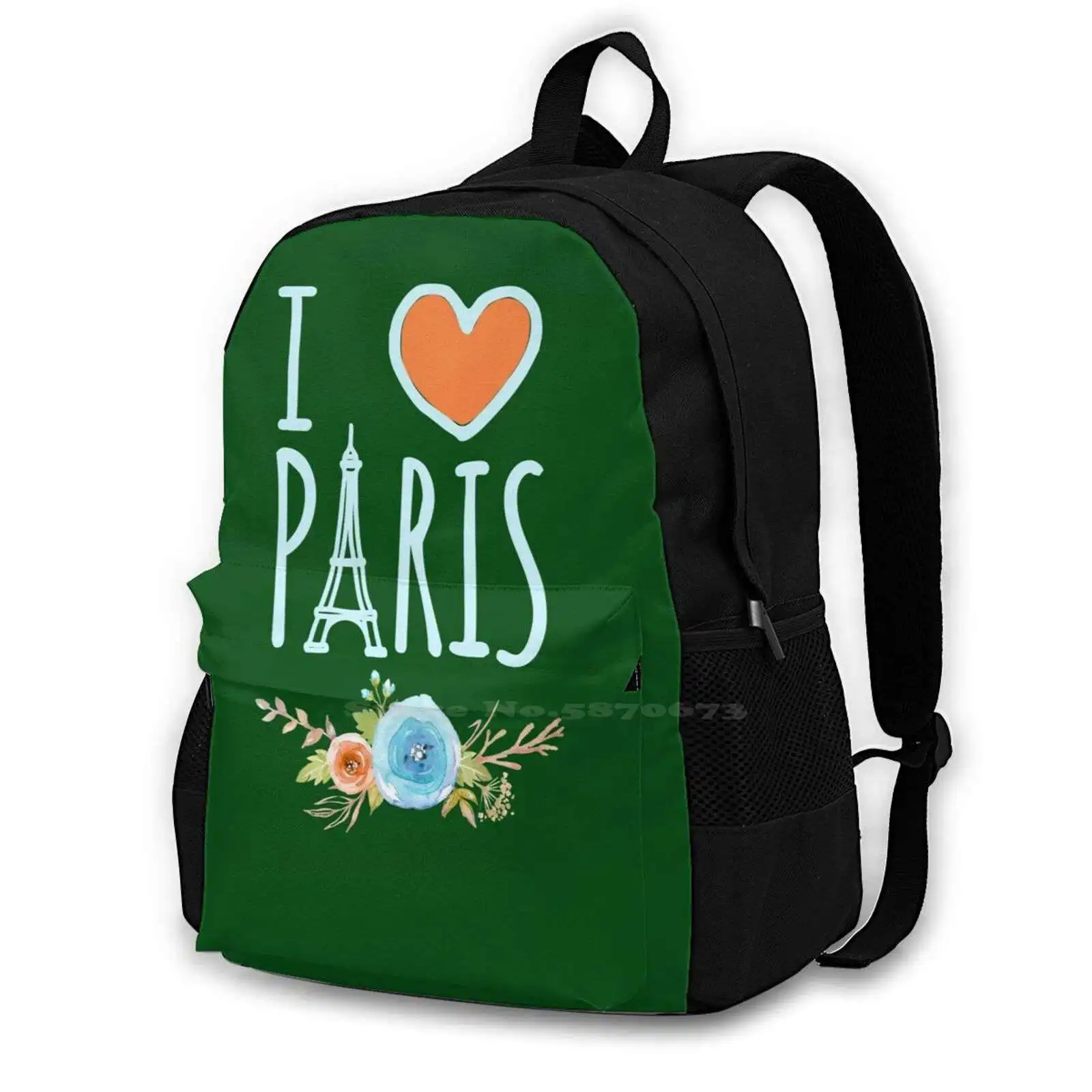 I Love Paris Floral Watercolor Design School Bags For Teenage Girls Laptop Travel Bags Paris Watercolor Design Cute I Love