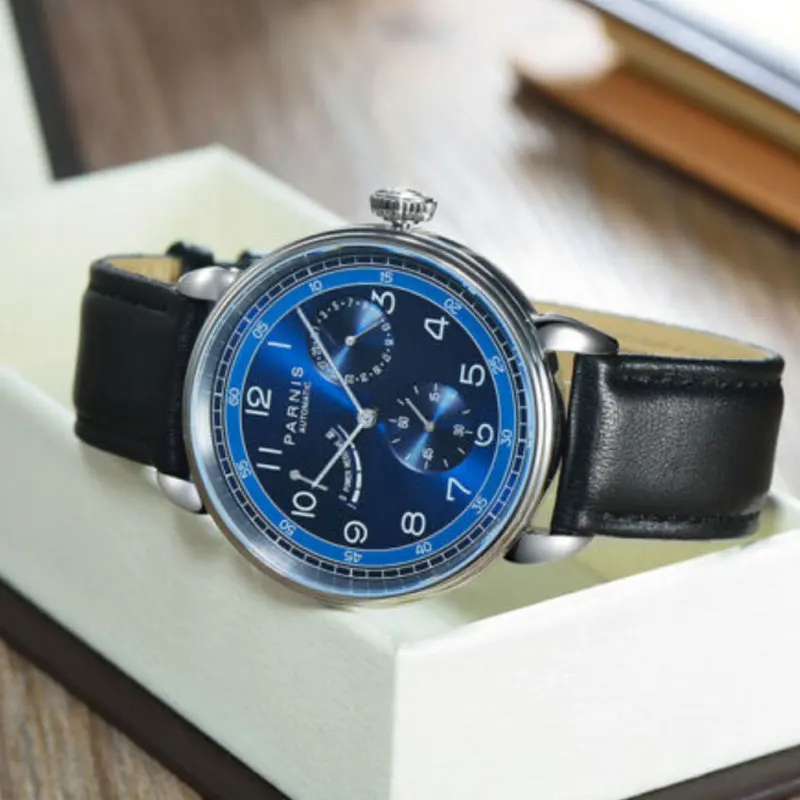 

42mm PARNIS blue dial power reserve date window ST automatic mens watch