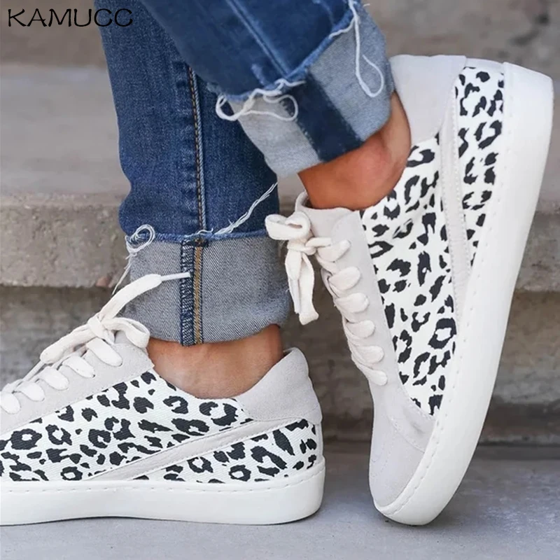 Spring Trendy Sneaker Women 2021 New Arrival Leopard Print Ladies Lace Up Casual Shoes Outdoor Running Walking Comfortable Flats