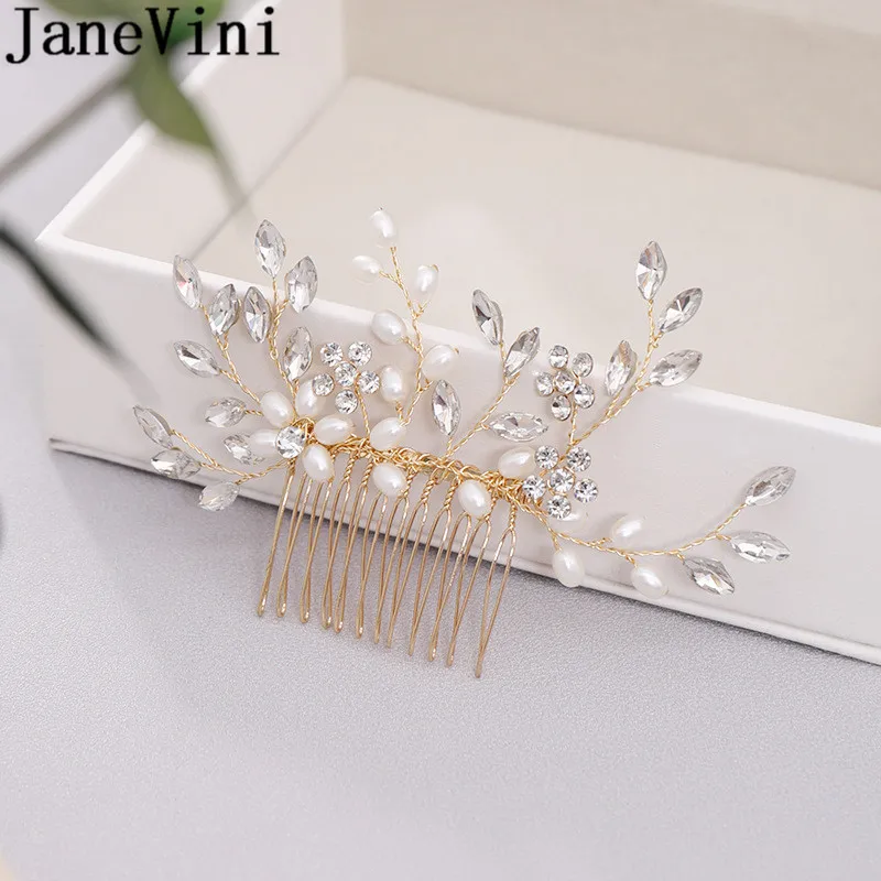 JaneVini Crystal Bride Hair Combs with Pearls Metal Bridal Wedding Hair Accessories Gold Silver Women Hairband Ornaments 2020