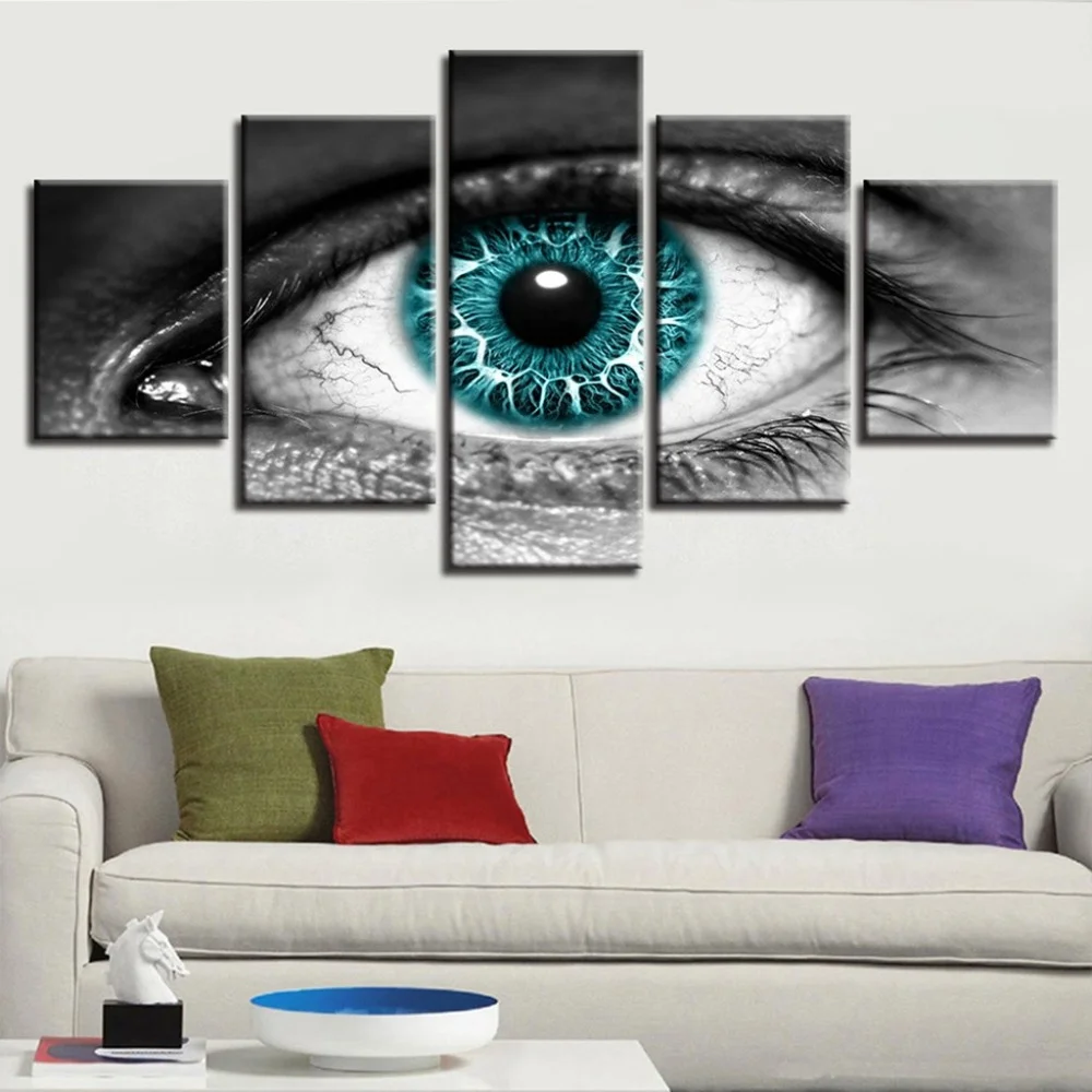 Wall Art Canvas Painting 5Pcs Nordic Abstract Geometric Eyes Beautiful Blue Eyes Art Poster Print Wall Picture for Living Room