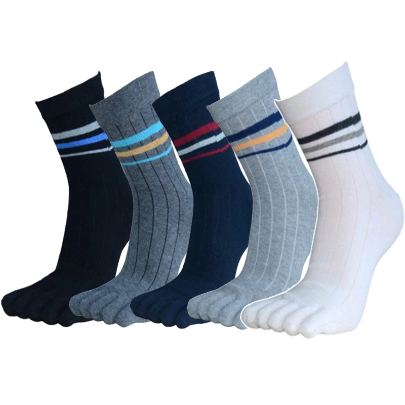 5 Pairs Brand Toe Socks Man Soft Combed Cotton 5 Finger Striped Business Dress Crew Socks for Men High Quality Calcetines