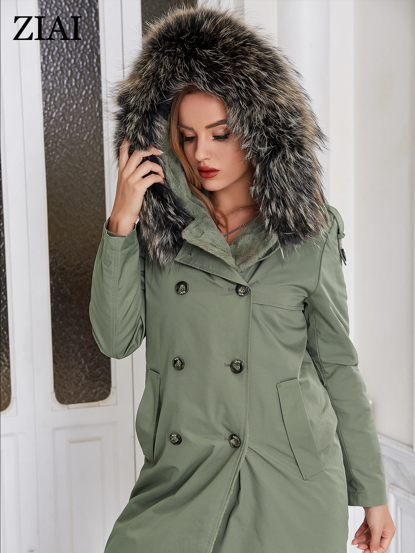 ZIAI New Women's Winter Coat Natural Fur Thick Hood Jacket Mid-length Fashion Double Breasted Female Warm Parka Outwear ZR-10025