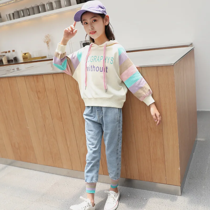 Kids Clothes New Girls Suit Spring and Autumn 4-14 Years Old Fashion Color Matching Hooded Sweatshirt Jeans Two-piece Suit