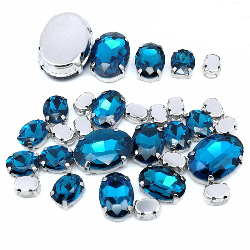 5 SIZES 30PCS ! Light Sapphire oval shape Glass Crystal sew on rhinestones with calw Diy wedding decoration