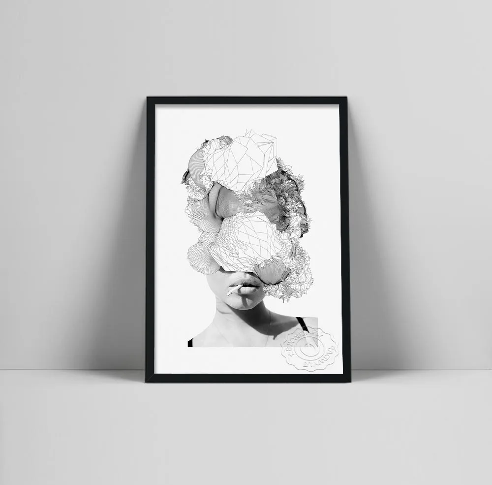 Lorelei Abstract Digital Collage Posters Prints Black White Woman Smoking Photography Scandinavian Modern Poster Cigarette Girl