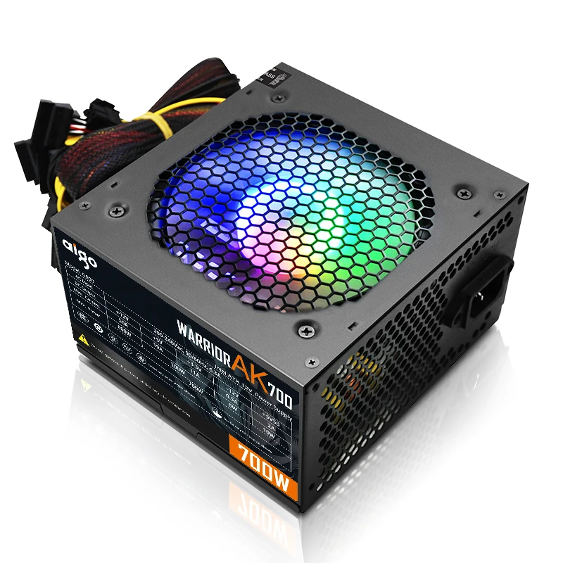 Aigo AK 700W Máy Tính PSU Đơn Vị Cung Cấp Điện Đen Chơi Game Êm 120Mm Rgb Quạt 24pin 12V ATX máy Tính Để Bàn Điện Máy Tính Cho BTC