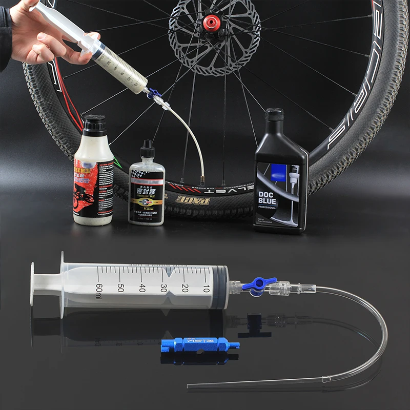 Bicycle Tyre Sealant Injector Mountain Bike Tubeless Tire Liquid Injection 60ml Syringe Rubber Hose Kit MTB Repair Tools