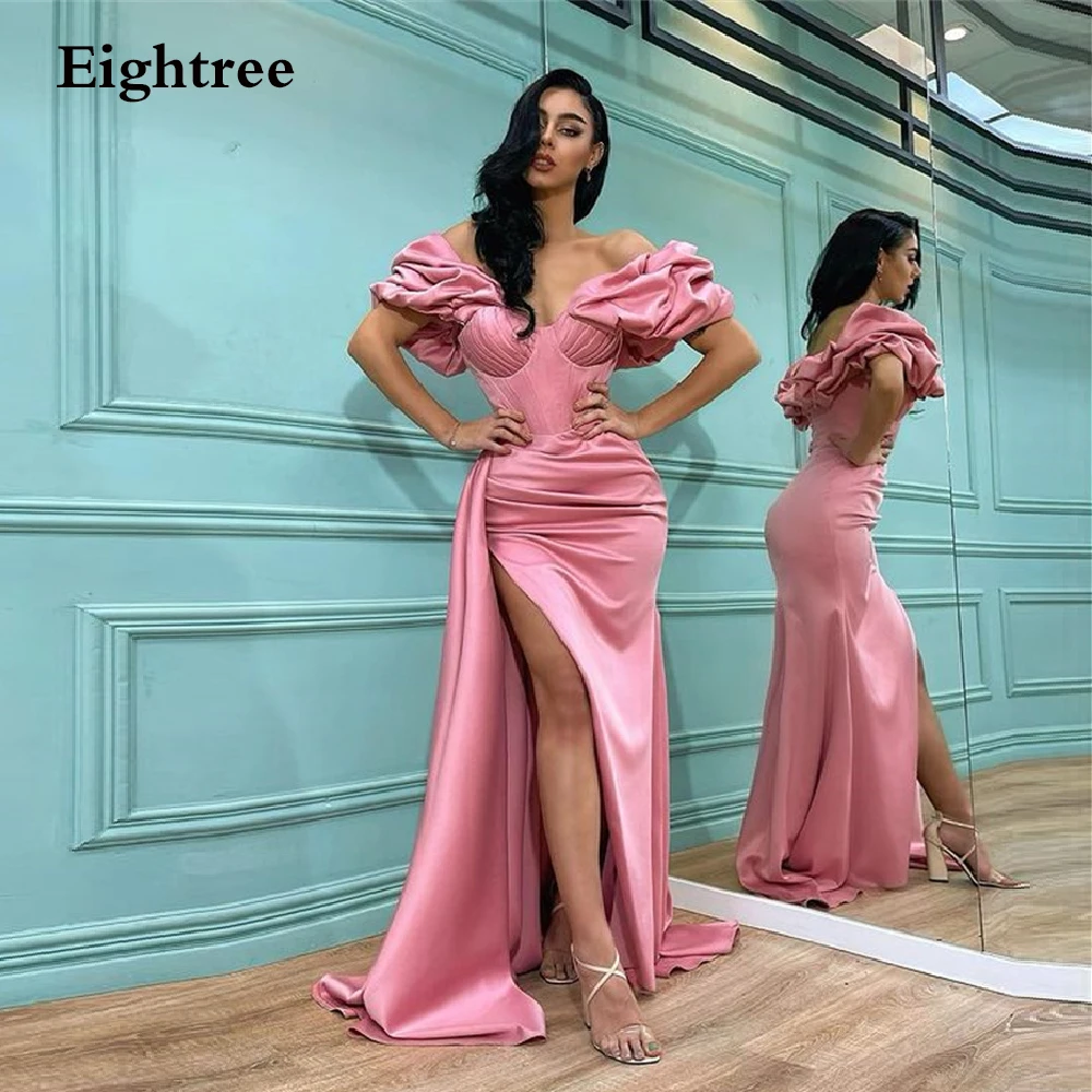 

Hot Pink A Line High Side Slit Prom Night Dresses Off Shoulder Strapless Dubia Formal Party Evening Dress Prom Gowns Vestidos