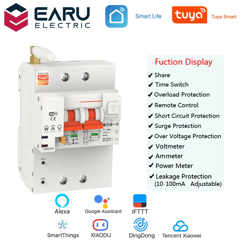 TUYA 2P 4P 10-63A 220V Smart WIFI Circuit Breaker Switch Leakage Protection Power Energy Consumption kWh Meter Voltmeter Ammeter