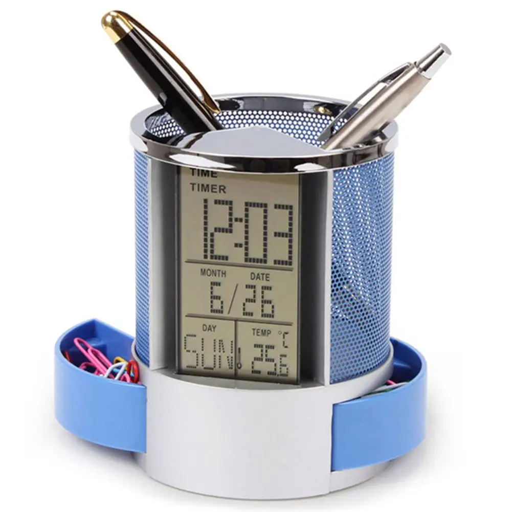 Office LCD Alarm Clock Time Temperature Display Pen Pencil Holder Desk Organizer