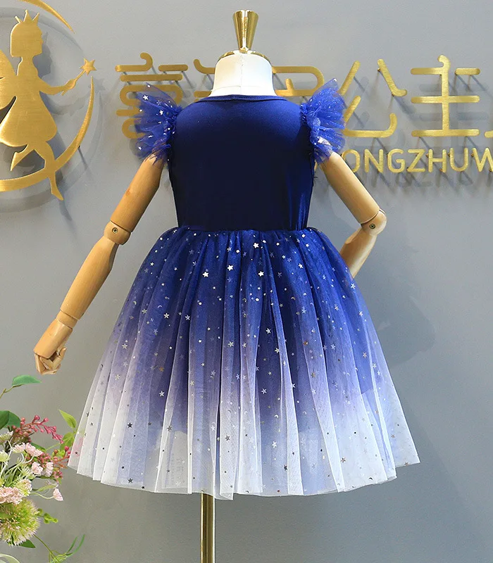 Girls Summer Dress 2020 New Starry Sky Sequin Princess Party Dress Flying Sleeve Children Clothing For Girls