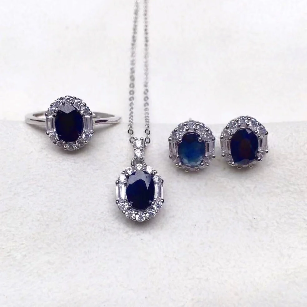 100% Natural Black Sapphire Jewelry Set for Party 5*7mm Chinese Black Sapphire Ring Earrings Pendant 925 Silver Sapphire Jewelry