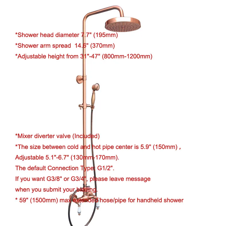 Antique Red Copper Brass Dual Ceramic Handles Bathroom 8 Inch Round Rain Shower Faucet Set Mixer Tap Hand Shower mrg552