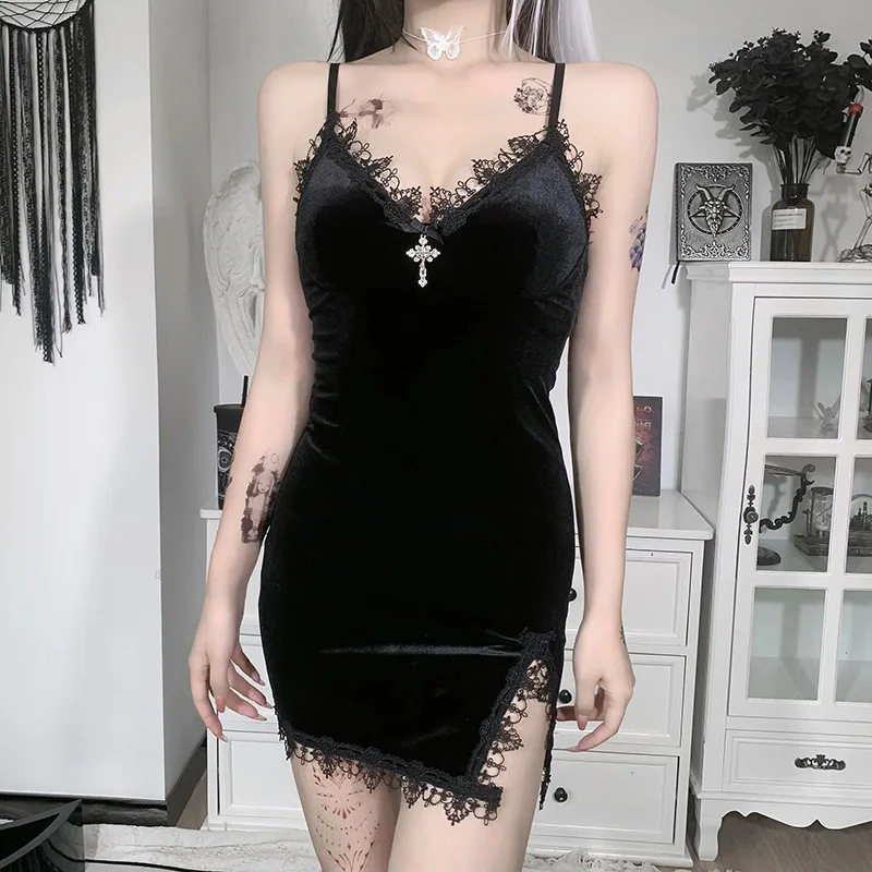 Donkere Kruis Zwarte Mini Jurk Vintage Sexy Spaghettiband Hoge Taille Split Jurken Goth Party Club Vrouwen Jurk