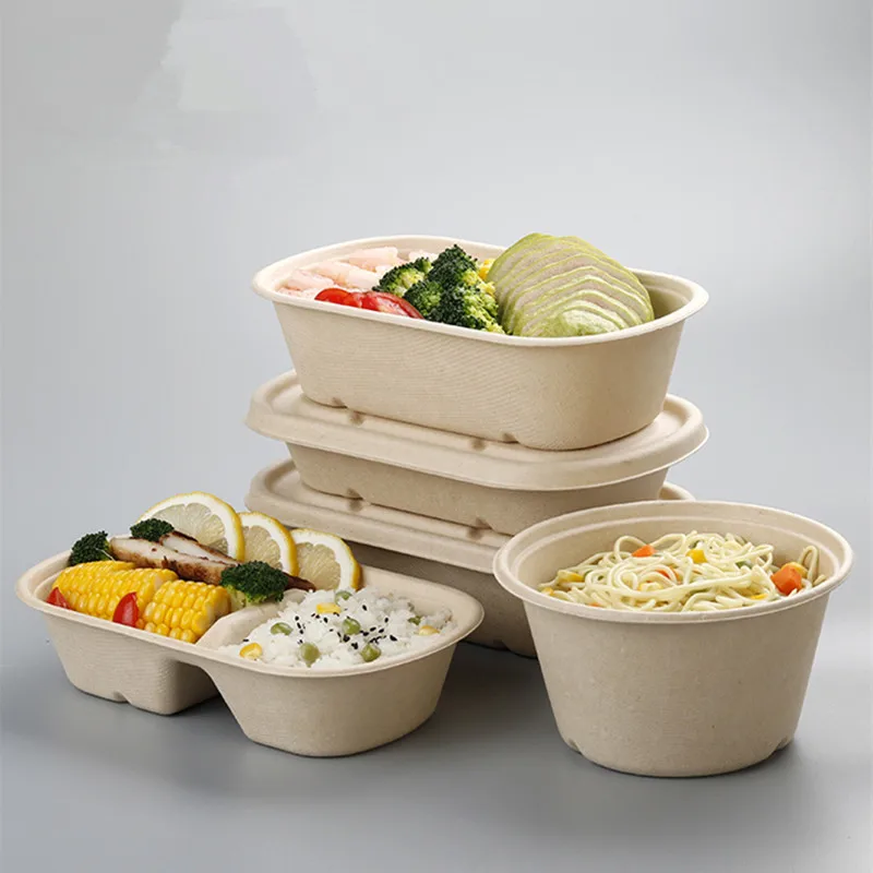 10pcs Sugarcane Pulp Biodegradable Lunch Box Salad Light Meal Food Packaging Boxes Takeaway Dessert Paper Cups with Lids