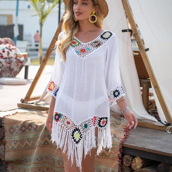 CROCHET BIKINI White Bikini Cover Up With Fringe Trim Women Sexy Hollow Tunic Beach Dress…