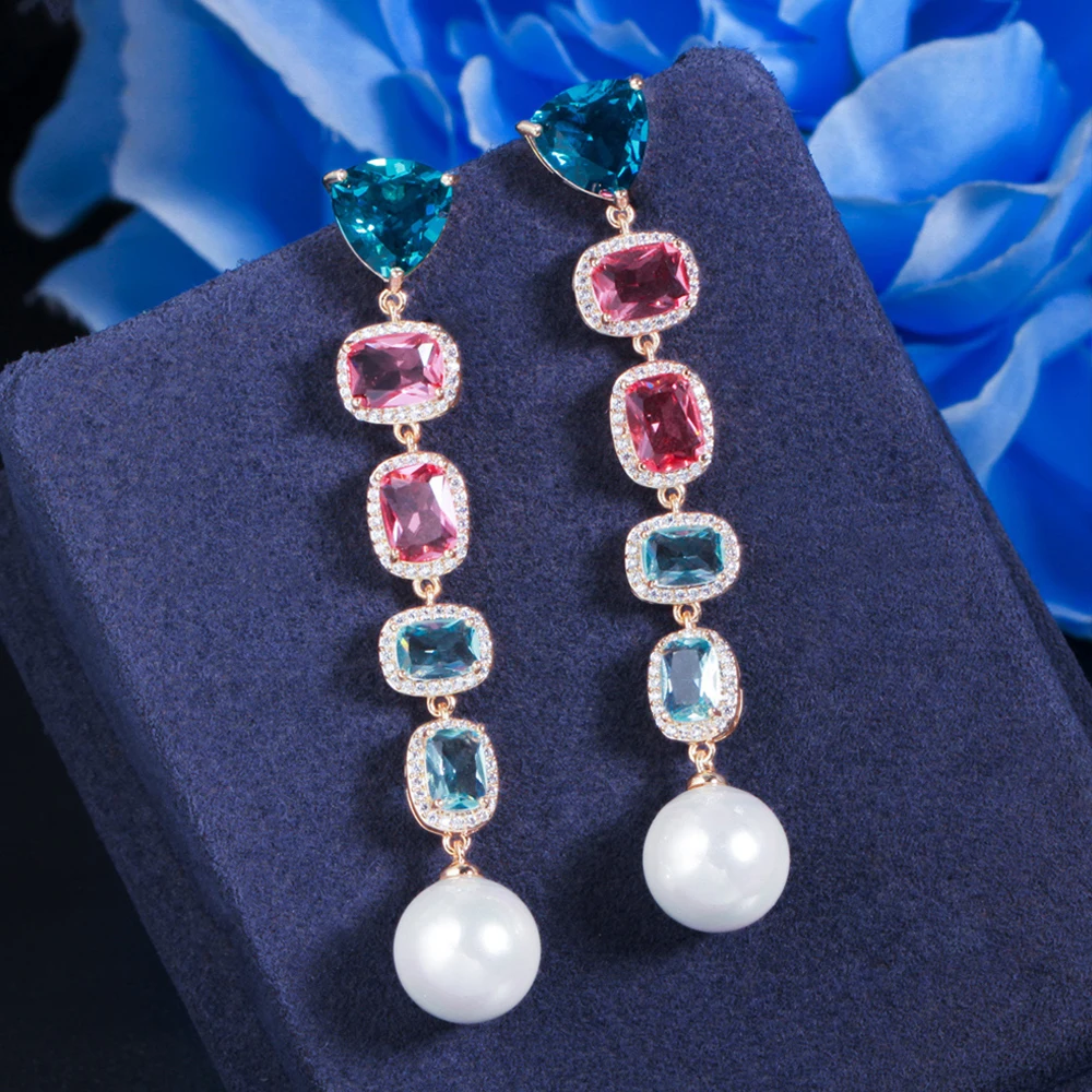 

BeaQueen Geometric Multicolor Cubic Zircon Long Drop Dangle Pearl Earrings for Women Engagement Wedding Party Jewelry Gifts E432