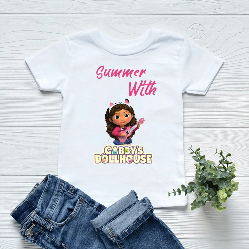 Camisetas con estampado de dibujos animados de casa de muñecas para niñas, ropa para niños, camisetas informales de moda para bebés, camisetas blancas y rosas