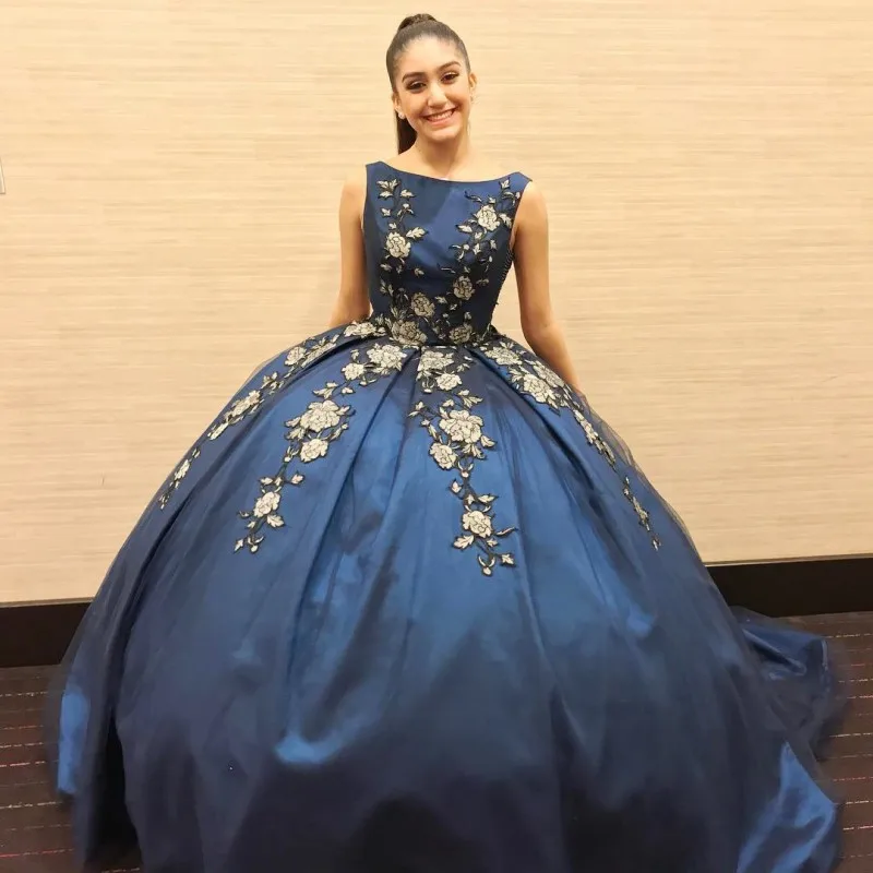 Marineblaue Abschluss kleider mit Applikationen Satin und Tüll Ballkleid Ballkleid maßge schneiderte Vestido de Forma tura