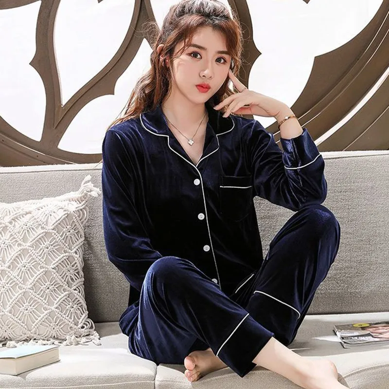 Velour Couple Pajamas Set Long Sleeve Shirt&Pants Autumn New 2PCS Sleepwear Lovers Pijamas Suit Casual Velvet Pyjamas Pour