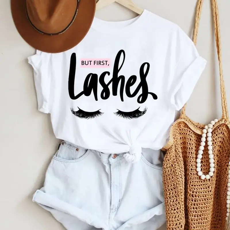 Make Up Letter Funny New Eye Eyelash Fashion Cartoon Summer Lady Print Tee Stylish T Top  Tshirts 2021 Women Clothes