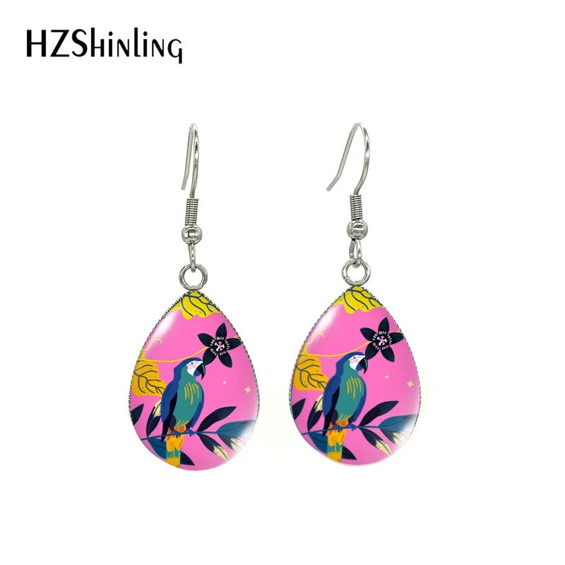 Brids and Flower Art Flower Fish Hook Earrings Stainless Steel Glass Cabochon Earrings Jewelry