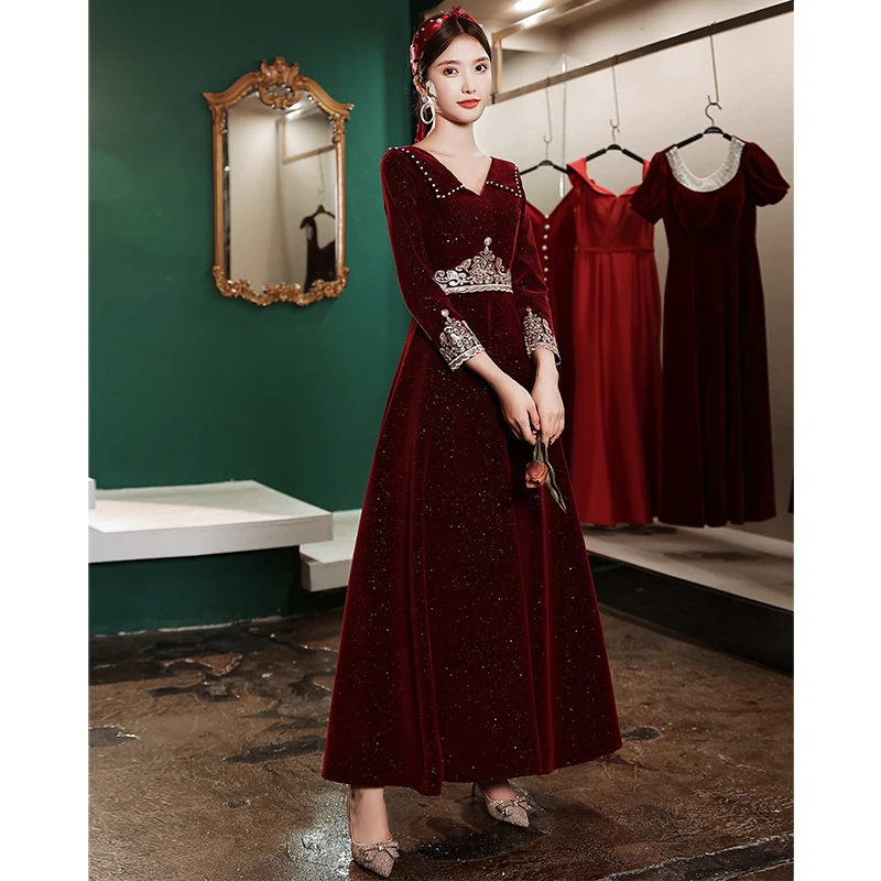 

Custom Burgundy Formal Evening Dresses Long Women V Neck Full Sleeves Ruched Organza Evening Dresses 2021 New Dress Party