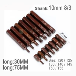 10mm 8/3 shank Torx Spline Screwdriver Bit Set  Socket Wrench Adapter Set Car Hand Tools Repair Kit S2 Alloy Steel Bits T20-T55