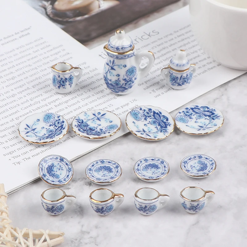 15Pcs/Set Vintage Miniature White Porcelain Tea Set Pot Cup Plate Tableware Dollhouse House Model Room Items Furniture Decor