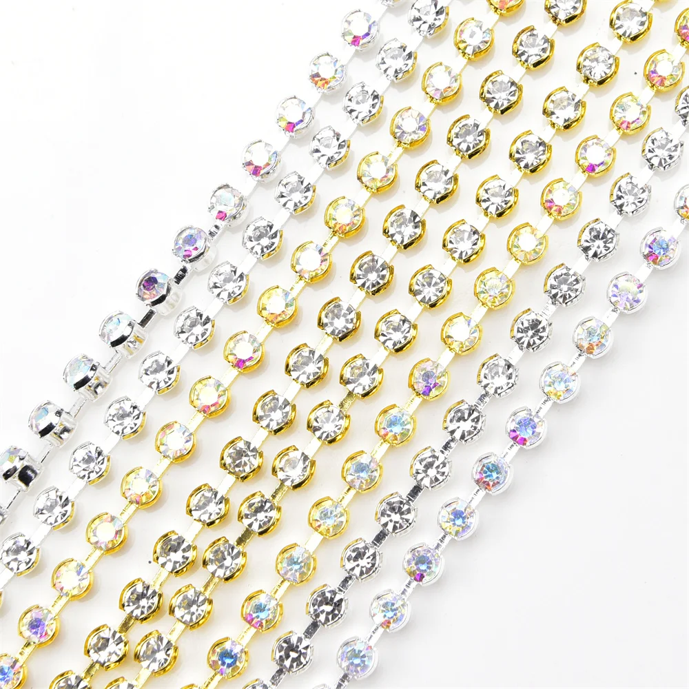 5Yard/Lot Round No Claw Rhinestone Chain Clear Crystal Ss12-Ss28 Diamond Silver Gold Base Trimming Garment Sew On Diy Decoration