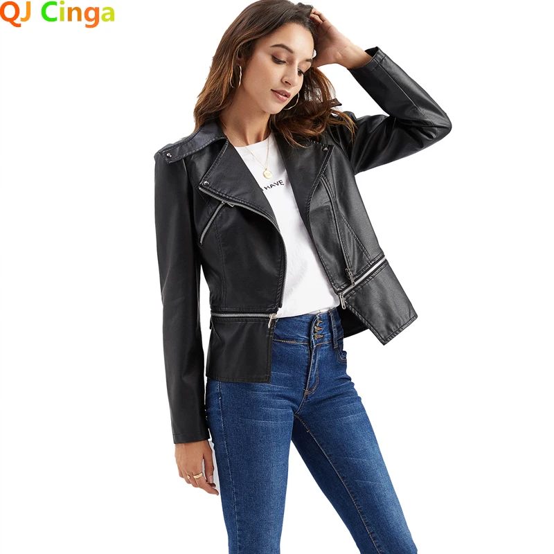 2024 Autumn Women Black Faux Leather Jacket, Casual Zipper Decoration Biker Coat Female Casual Solid Short Outwear S-3XL