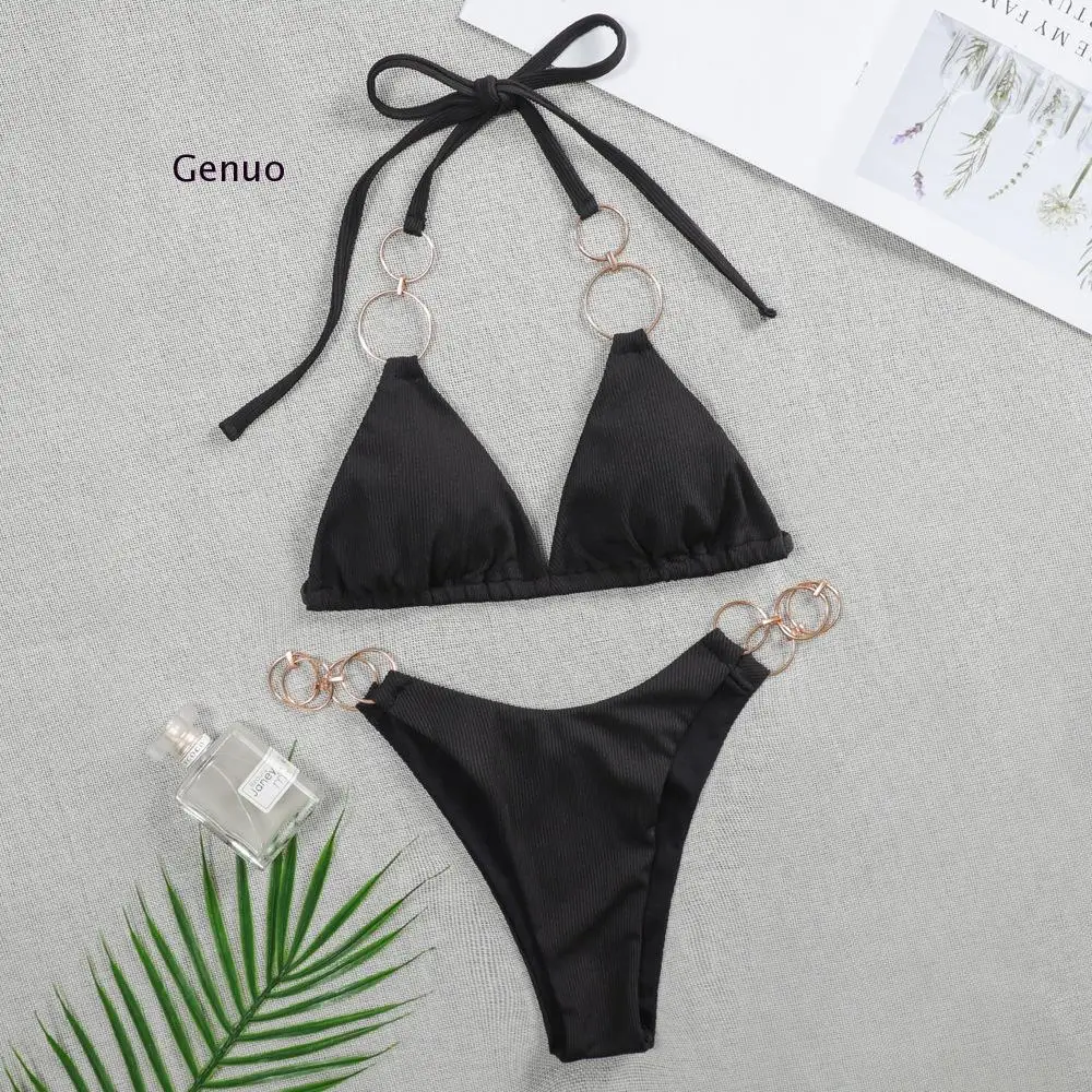 Sexy 2021 Metal Rings Halter Bikini Women Swimwear Female Swimsuit Two-Pieces Bikini Set Ribbed Bather Bathing Suit Swim Lady