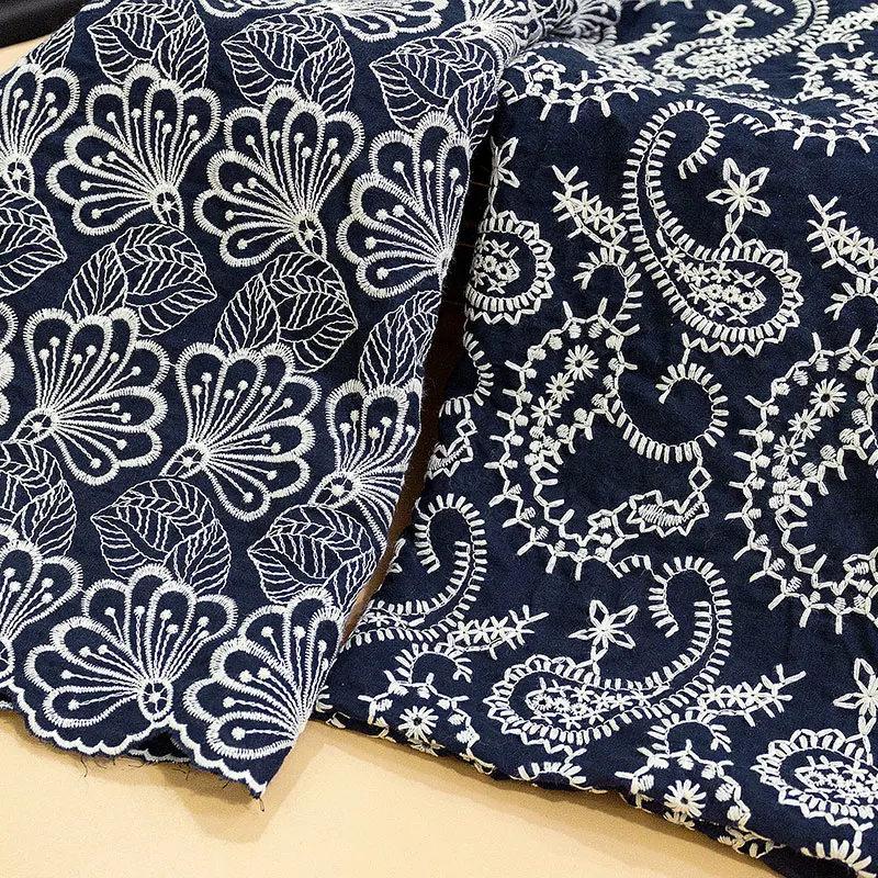 

Cotton Lace Fabric 1 yard Navy Apricot Cloth Embroidered Shirt Clothing Top Dress Sewing Material 135cm 53" Wide M4F137