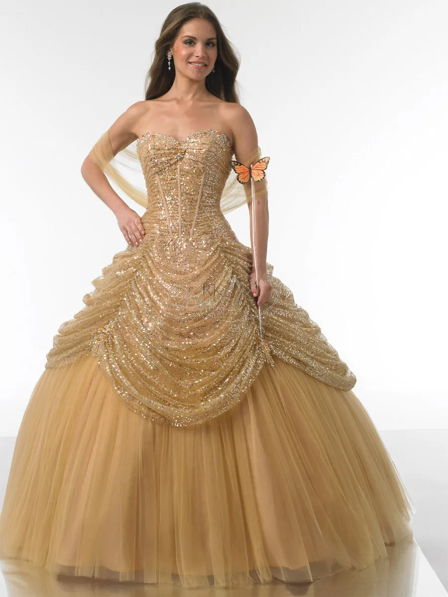 Gold Quinceanera Online Ball prom Gown Tulle Sweetheart Ruffle Scoop Neck Floor Length Vestido mother of the bride dresses