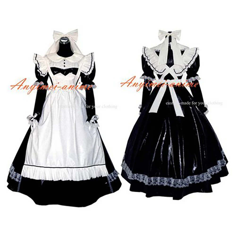 

fondcosplay adult sexy cross dressing sissy maid long black thin Pvc Dress Lockable Uniform white apron CD/TV[G273]