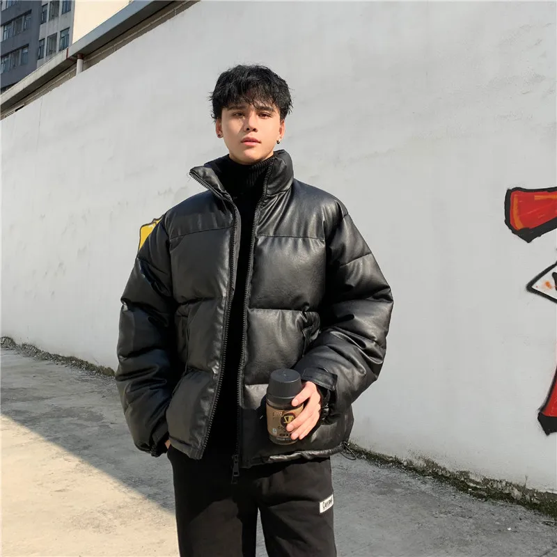 Thicken Solid Color Mens Parkas Oversized Warm Winter Leather Coats Harajuku Fashion Male Loose Cotton Padded Jackets PU Leather